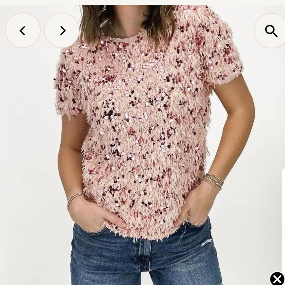 Ivy Jane Pink Feathery Sequin Eyelash Textured Women Top NEW